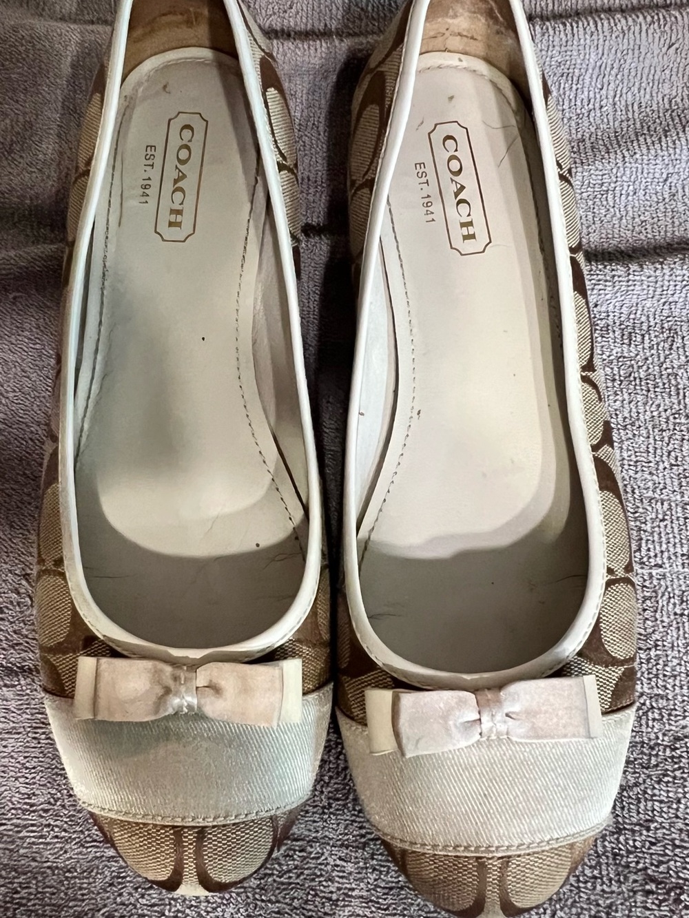 Coach Beige & Brown Signature Canvas Bow Ballet Flats#5